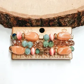 Pink Panache | Three Strand Peach and Multicolor Beaded Bracelet Set with Gold Beaded Spacers