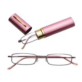 Reading Glasses Metal Spring Foot Portable Presbyopic Glasses with Tube Case  2.00D(Pink)