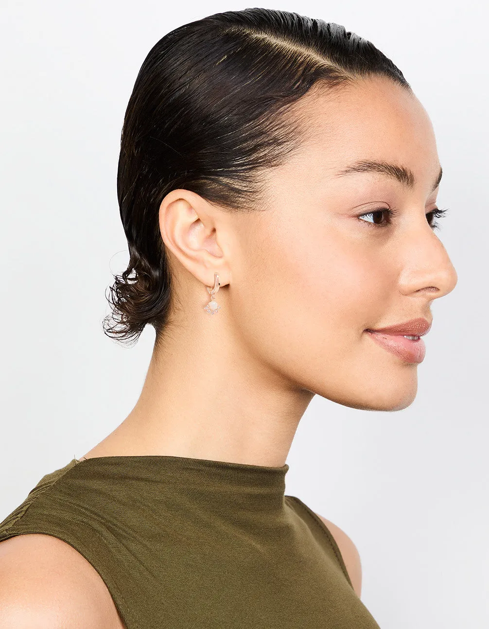 Rose Gold Cubic Zirconia and Opal Drop Huggie Earrings