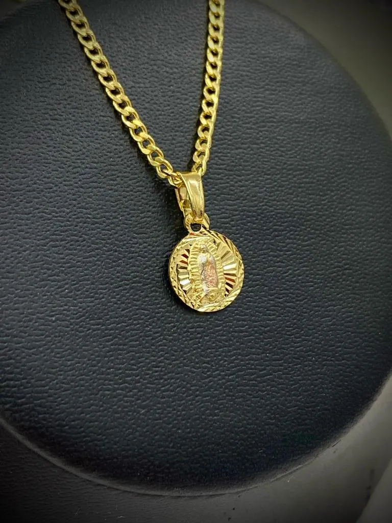 Round Virgen De Guadalupe Necklace Diamond Cut 14K Gold Filled Kids Unisex Adults 14x11