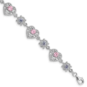 Silver Pink Clear Cubic Zirconia Heart Bracelet