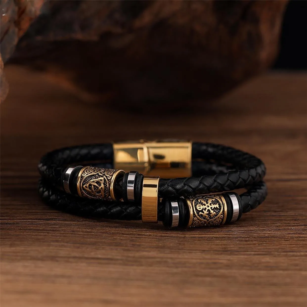 Stainless Steel Gold Double Bar Leather Hand Braided Bracelet