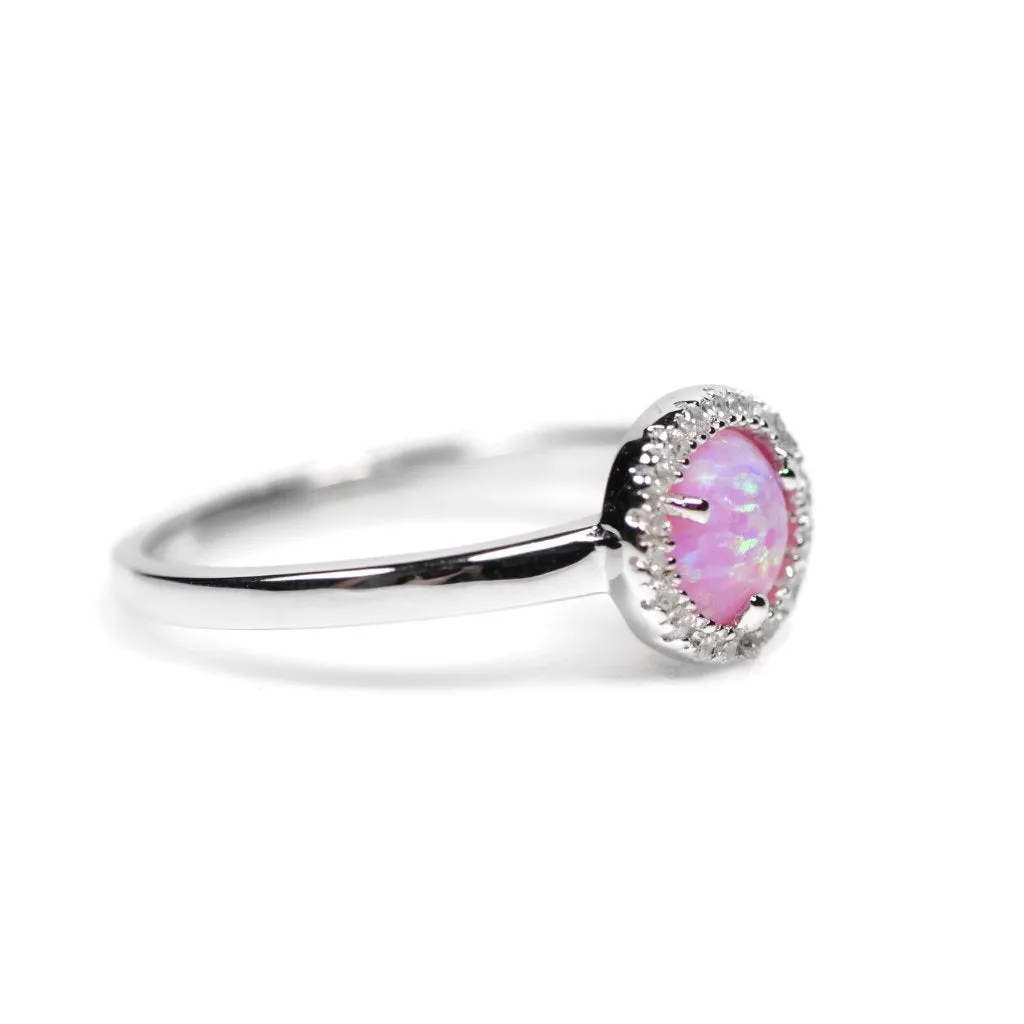 Sterling Silver Light Pink Opal and CZ Halo Ring