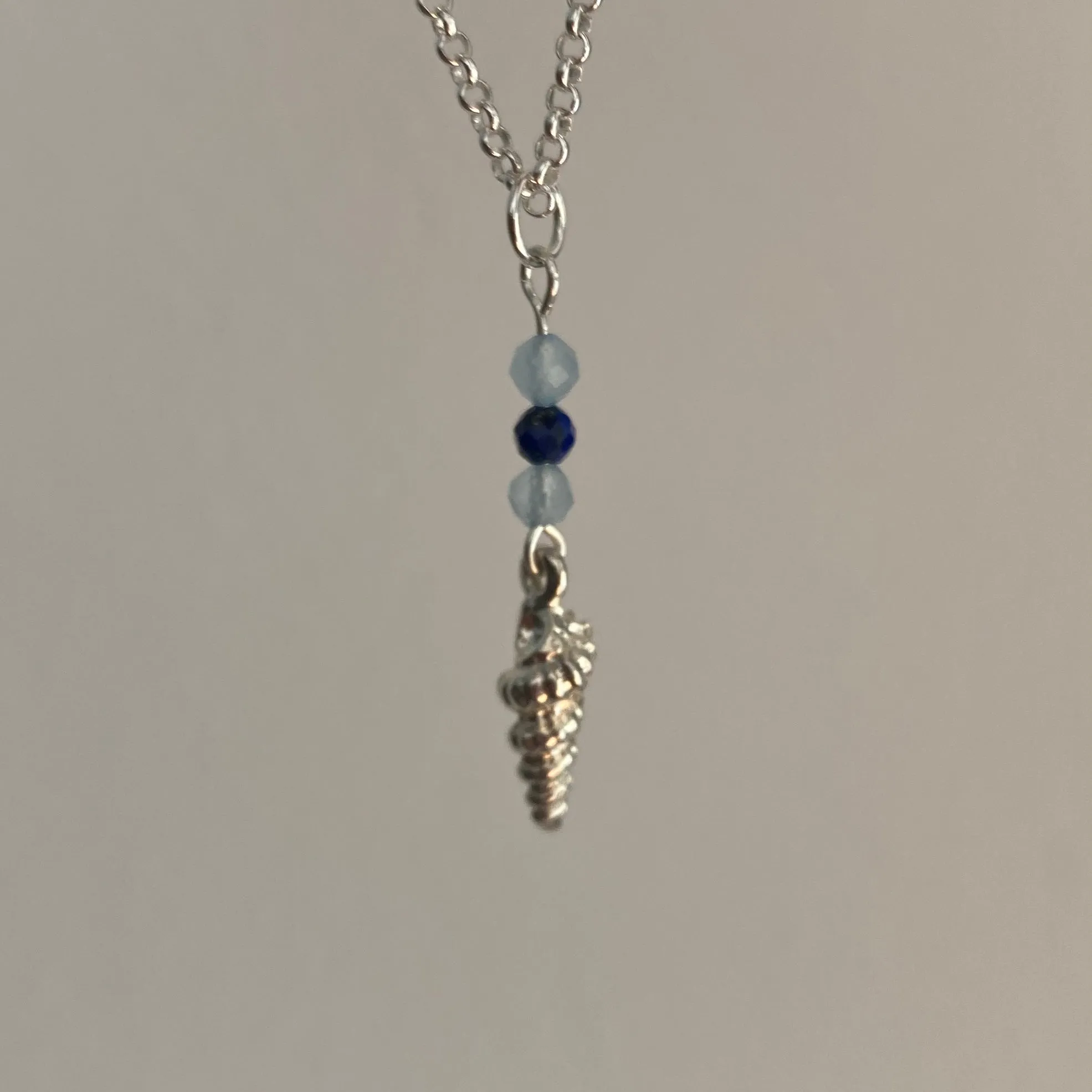Sterling Silver Shell Charm, lapis Lazuli & Aquamarine Necklace