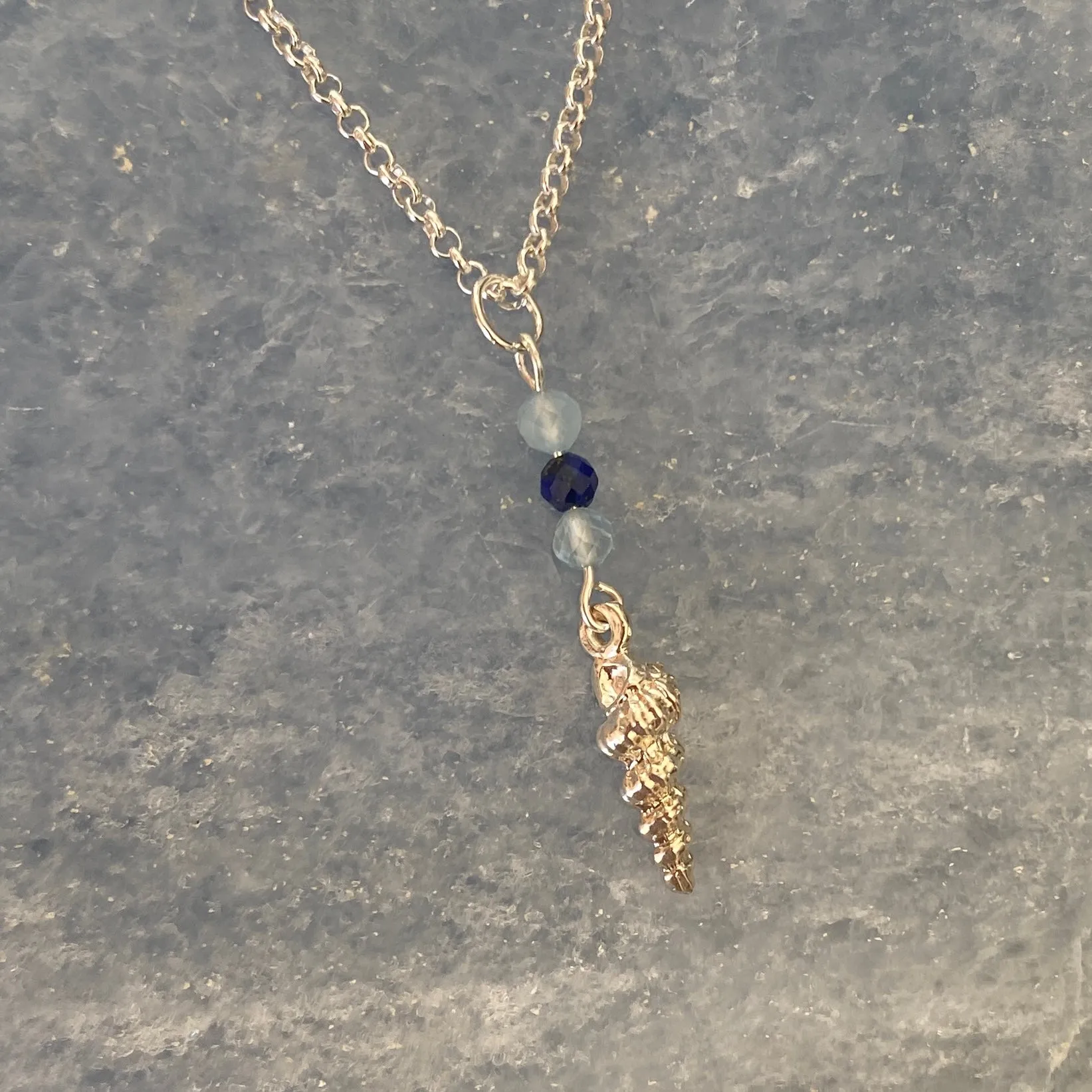 Sterling Silver Shell Charm, lapis Lazuli & Aquamarine Necklace