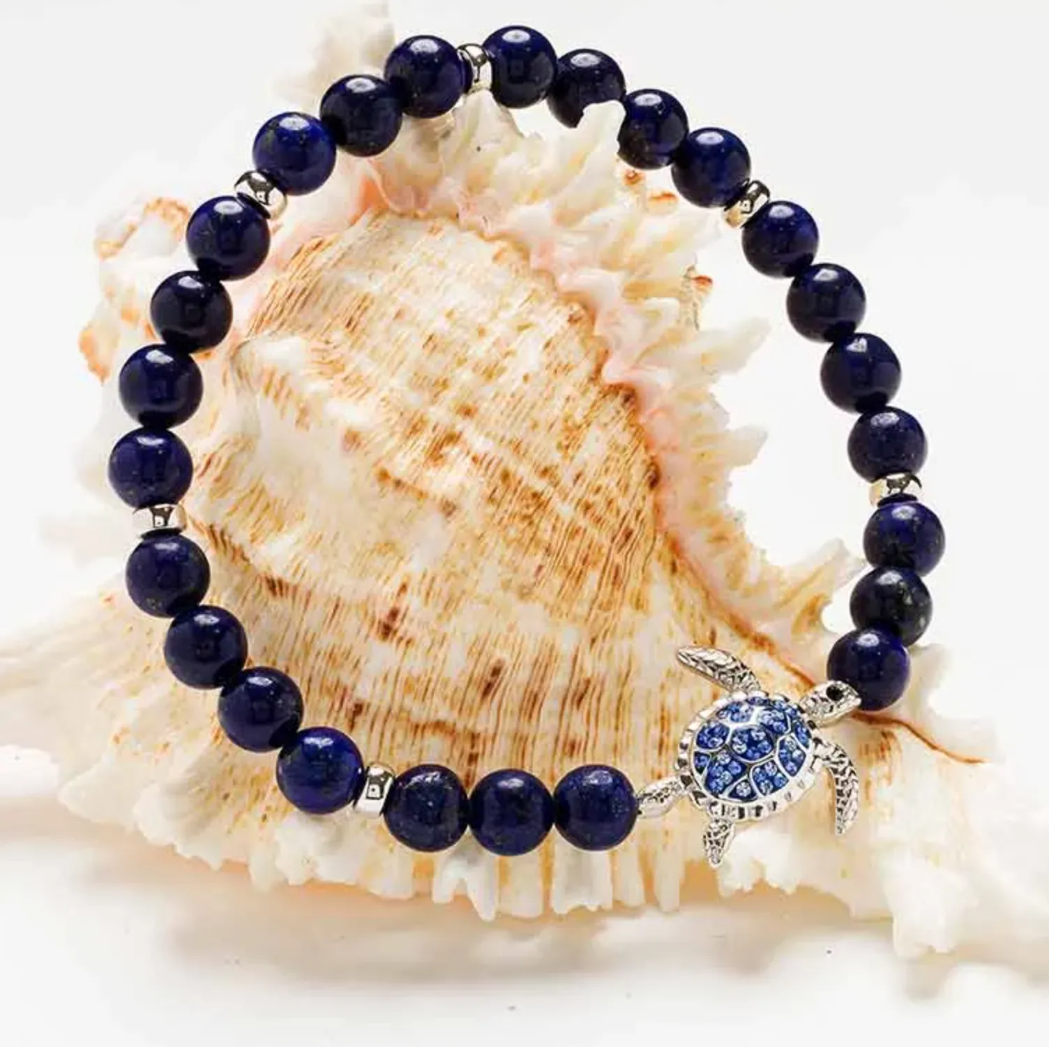 Sterling Silver Turtle Lapis Stretchy Bracelet