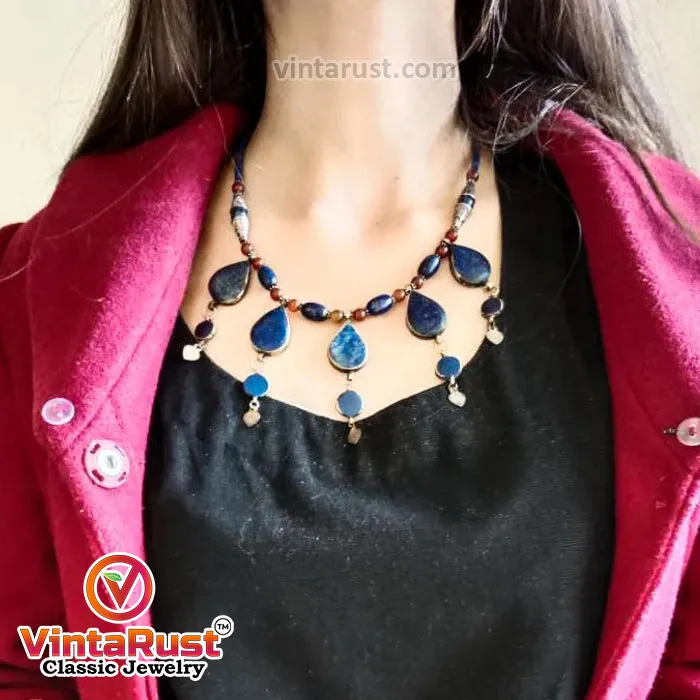 Stylish Lapis Lazuli Stone Necklace with Beaded Chain