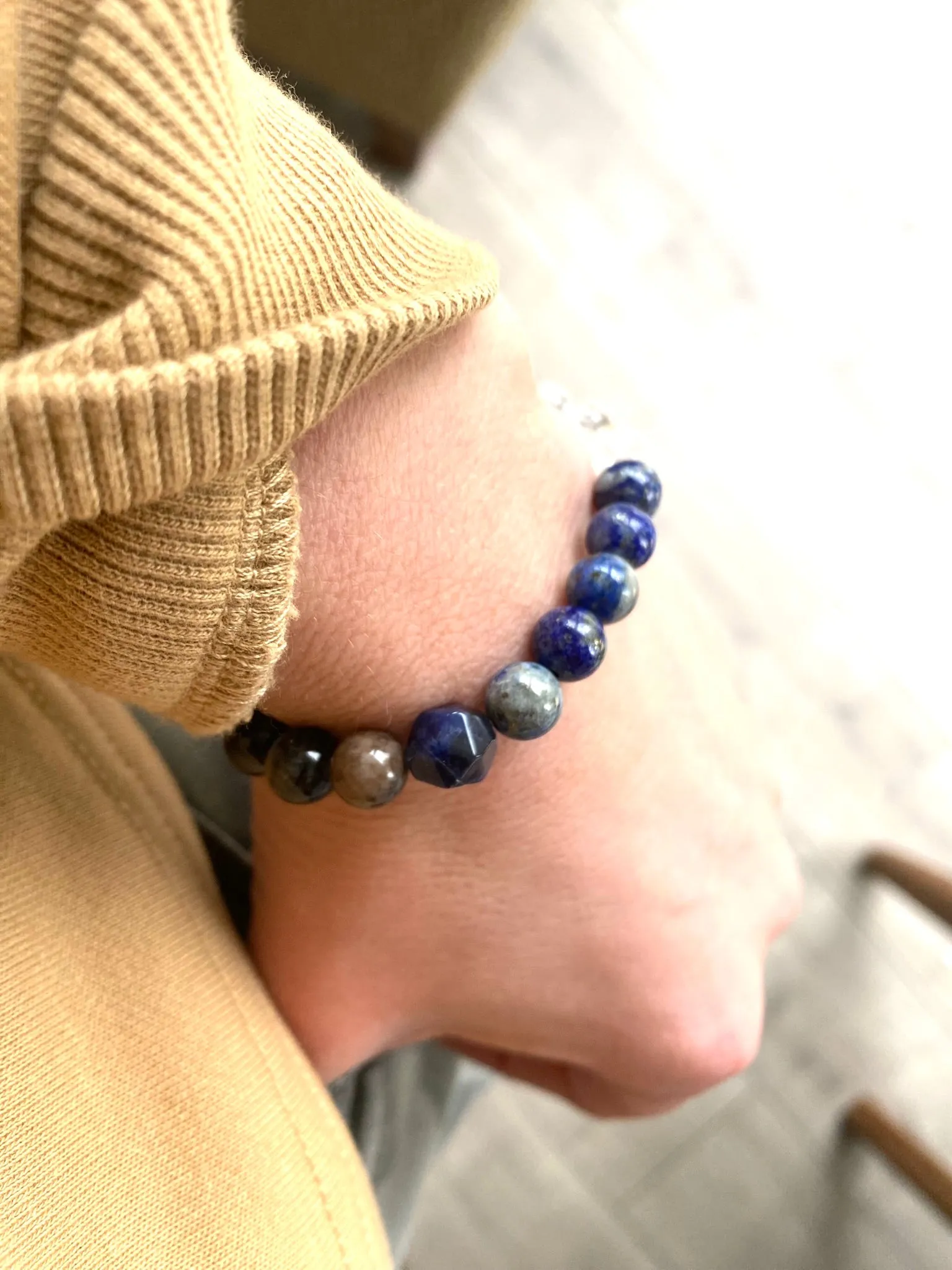 Support 8mm Crystal Bracelet - Oil Diffuser Bracelet - Lapis Lazuli and Tourmaline, Clear Quartz Crystal Bracelet