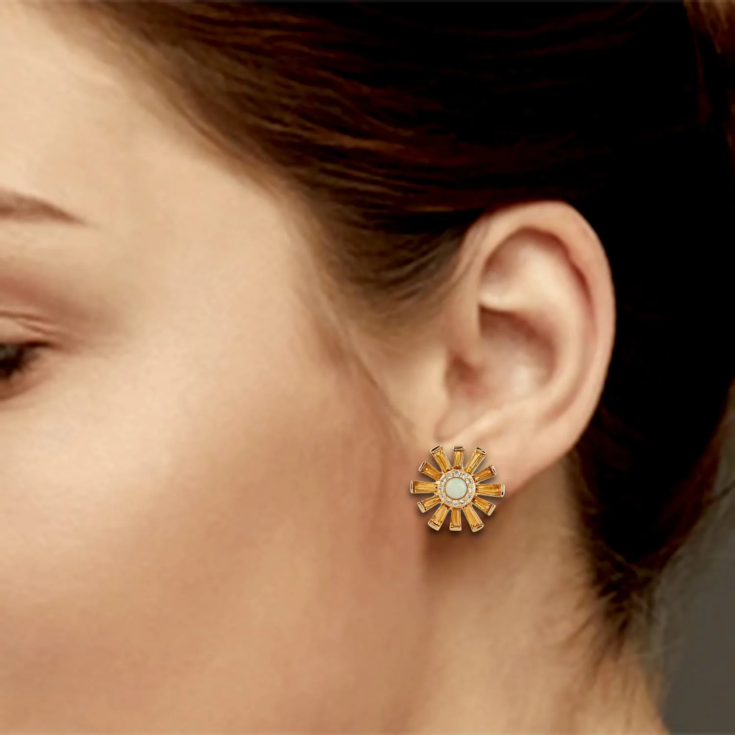 Tapered Citrine November Birthstone Opal Ethiopian Diamond Sunburst Earrings In Gold