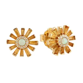 Tapered Citrine November Birthstone Opal Ethiopian Diamond Sunburst Earrings In Gold