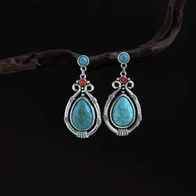 Tibetan Silver Art Retro Ethnic Style Turquoise Water Droplet Carved Earrings
