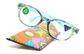 Versailles, (Premium) Reading Glasses High End Readers  1.25 ..  3.00 (Light Blue, Orange Floral) Round Optical Frames. NY Fifth Avenue.