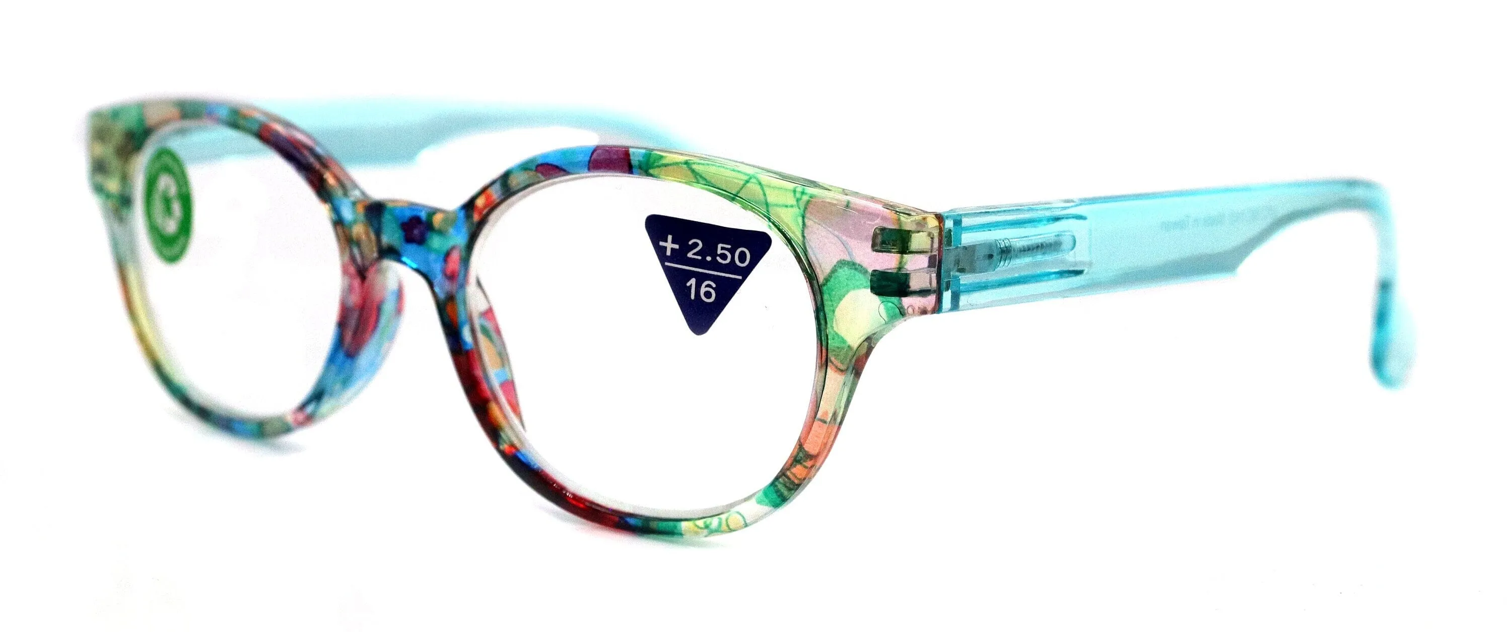 Versailles, (Premium) Reading Glasses High End Readers  1.25 ..  3.00 (Light Blue, Orange Floral) Round Optical Frames. NY Fifth Avenue.