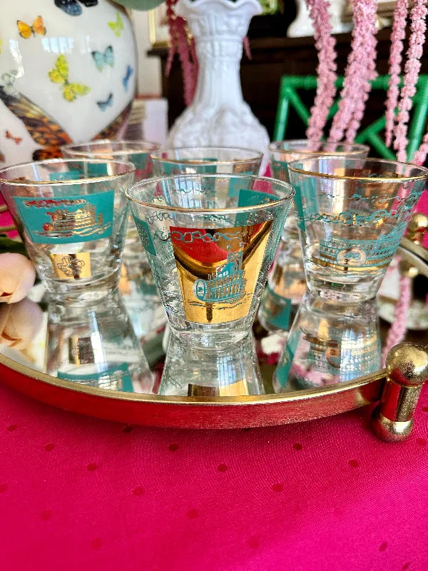 Vintage Libbey glasses, South Carolina, Lowball, Turquoise and Gold, Steamboat Pattern