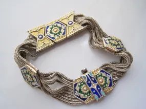Vintage Turkish Sterling Silver, Gold Plate and Enamel Mesh Bracelet