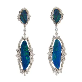 White Gold Baguette White Sapphire Unshaped Opal Doublet Pave Diamond Dangler For Christmas Gift