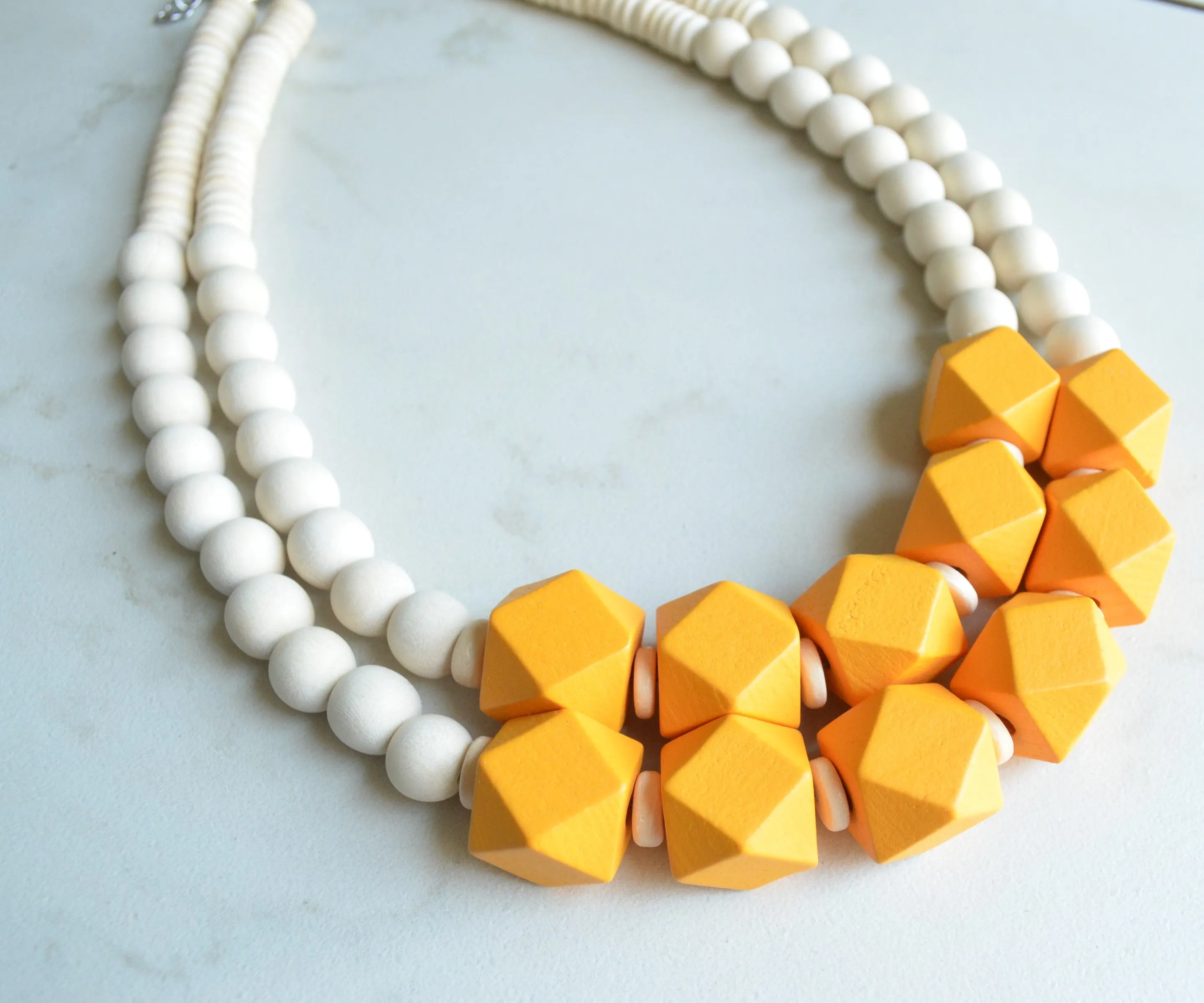 White Yellow Wood Bead Chunky Statement Necklace - Riley